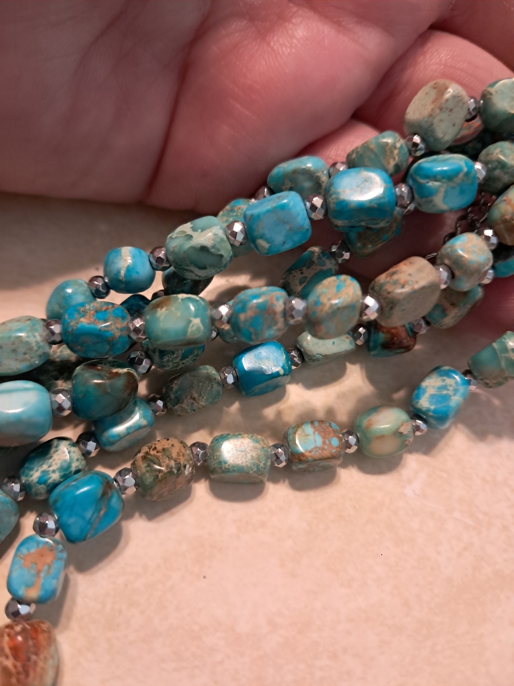 Natural Turquoise Beaded With Silver Necklace Aqua Blue
